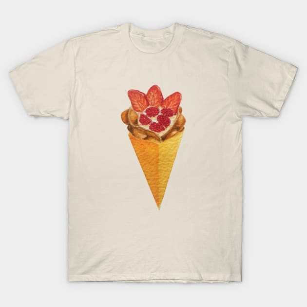 Bubble waffle ice cream cone with strawberries and raspberries watercolour painting T-Shirt by toffany's